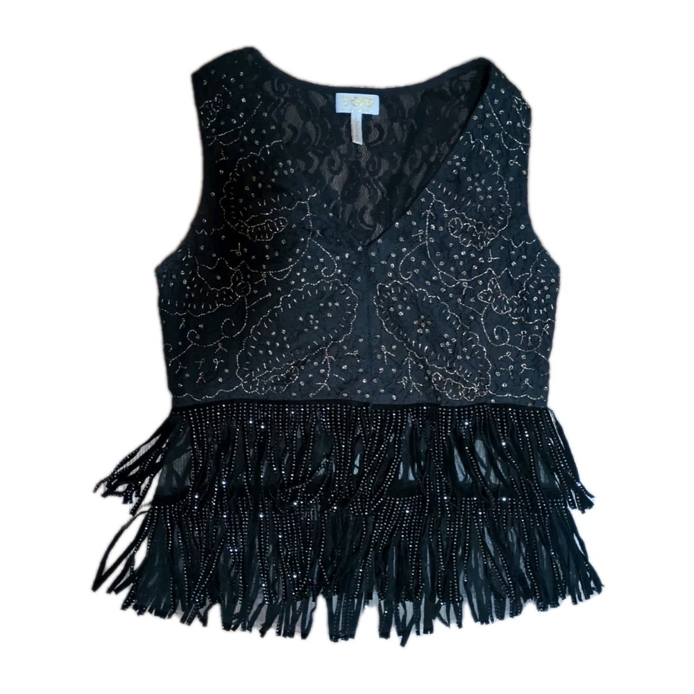 Sz L Anthropologie Verb by Pallavi Singhee Beaded V-Neck Fringe Vest Tank Top